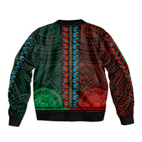 Unisex bomber jacket with half green and red tribal pattern, black ribbed hem and collar
