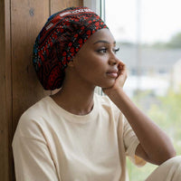 African Dashiki and Polynesian Pattern Easy Headwrap Half Green-Red