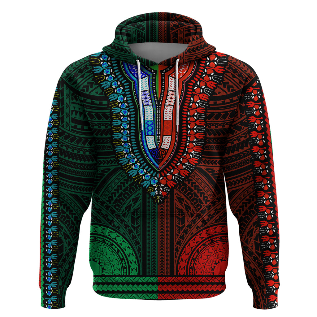 African Dashiki Hoodie With Polynesian Pattern - Half Green and Red - Wonder Print Shop