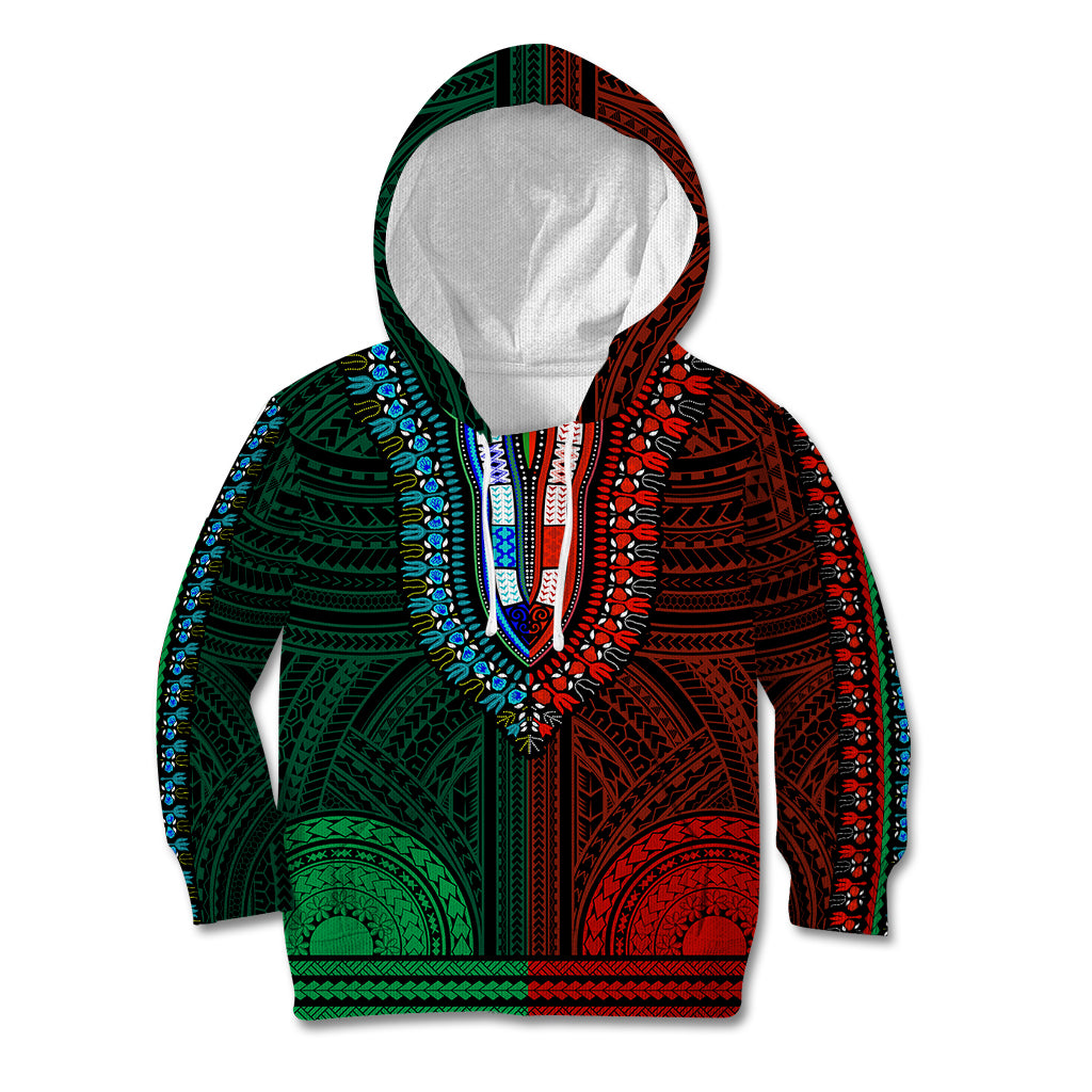 African Dashiki Kid Hoodie With Polynesian Pattern - Half Green and Red - Wonder Print Shop