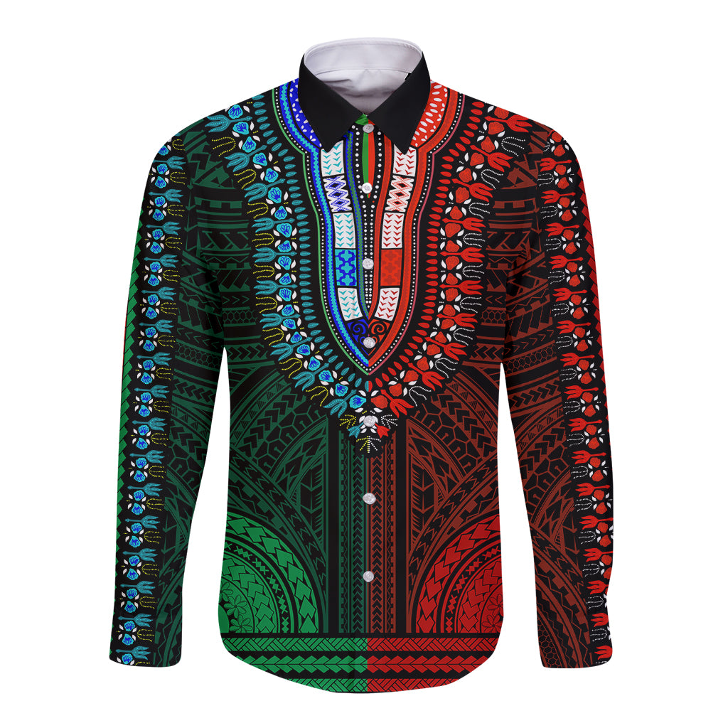 Long-sleeve dashiki button shirt with green, red, and blue tribal patterns