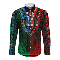 Long-sleeve dashiki button shirt with green, red, and blue tribal patterns