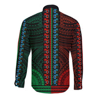 Long-sleeve dashiki with green and red tribal panel pattern, blue trim on back