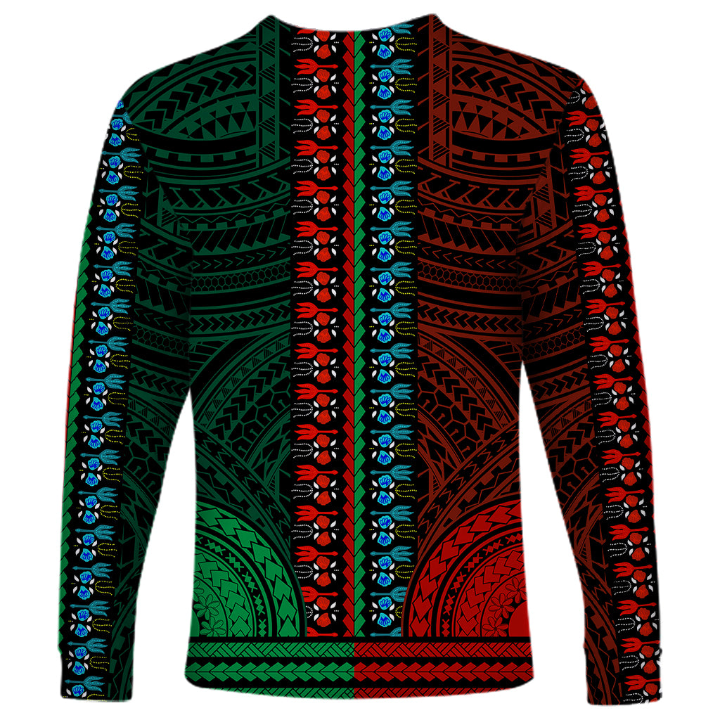 Unisex dashiki long-sleeve shirt with green/red stripes and geometric V-neck trim