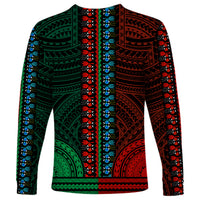 Unisex dashiki long-sleeve shirt with green/red stripes and geometric V-neck trim