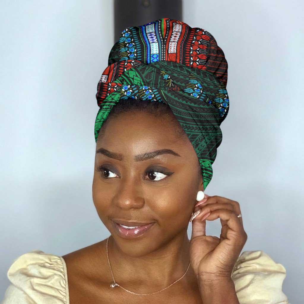 African Dashiki and Polynesian Pattern Simple Headwrap Half Green-Red