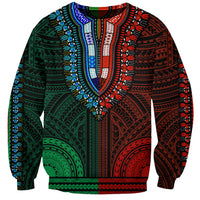 Unisex dashiki-style sweatshirt, green and red tribal V-neck pattern, long sleeves