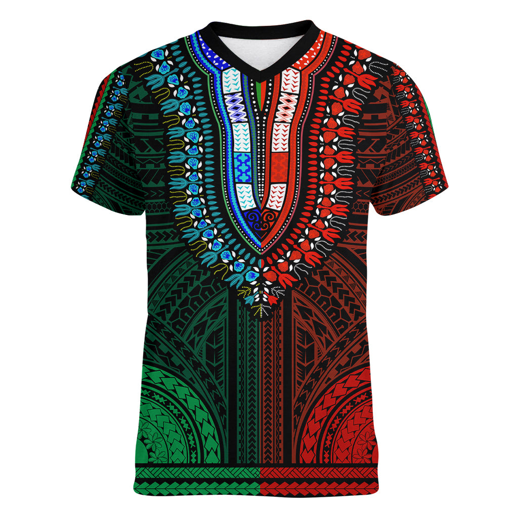 african-dashiki-women-v-neck-t-shirt-with-polynesian-pattern-half-green-and-red