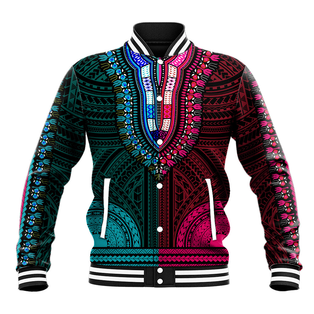 Unisex baseball jacket with teal, pink, and black tribal dashiki pattern, snap front