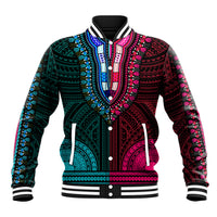 Unisex baseball jacket with teal, pink, and black tribal dashiki pattern, snap front