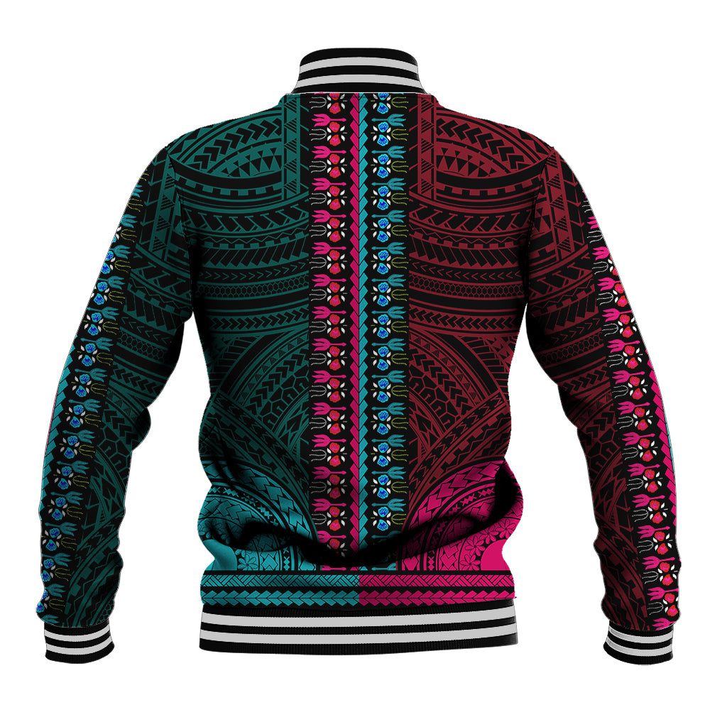 Unisex baseball jacket back view, teal and pink tribal dashiki pattern, striped rib trim