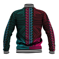 Unisex baseball jacket back view, teal and pink tribal dashiki pattern, striped rib trim