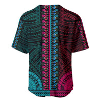 Teal and pink baseball jersey with all-over tribal dashiki pattern and V-neck trim
