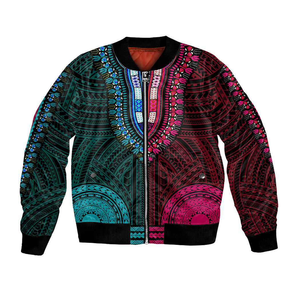 Teal and pink dashiki-style bomber jacket with zip front and bold Polynesian pattern