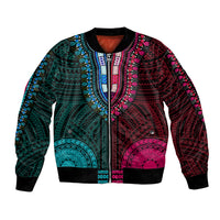 Teal and pink dashiki-style bomber jacket with zip front and bold Polynesian pattern