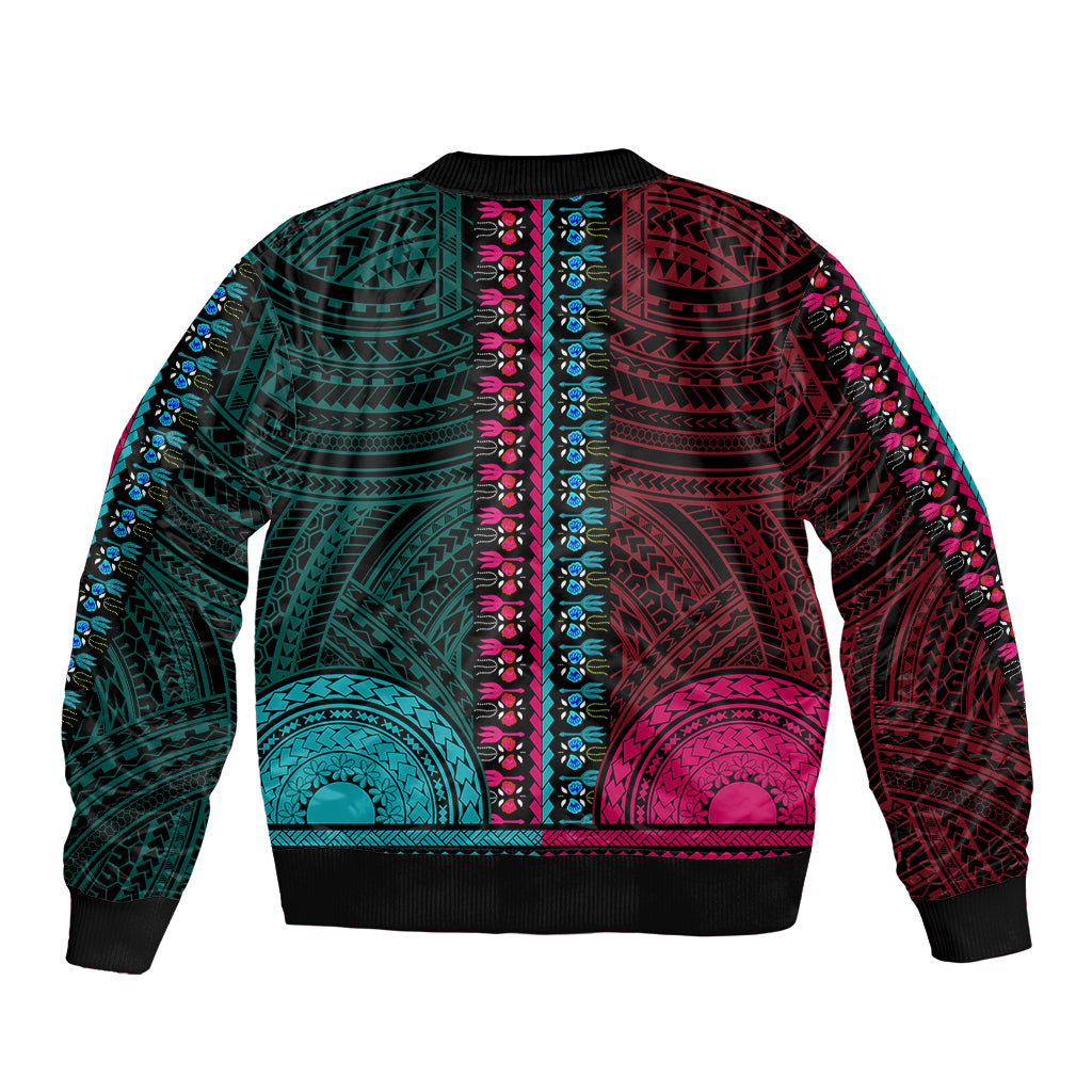 Teal-and-pink dashiki bomber jacket with ribbed cuffs, crew collar, and Polynesian motif