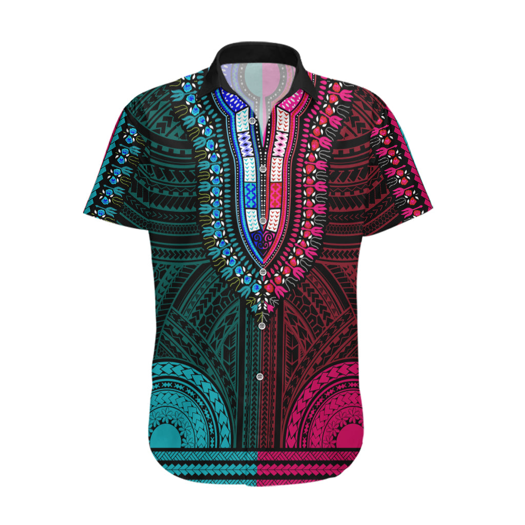 African Dashiki Hawaiian Shirt With Polynesian Pattern - Half Teal and Pink - Wonder Print Shop