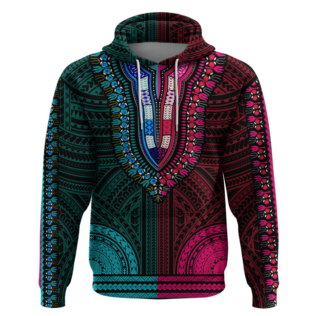 African Dashiki Hoodie With Polynesian Pattern - Half Teal and Pink - Wonder Print Shop