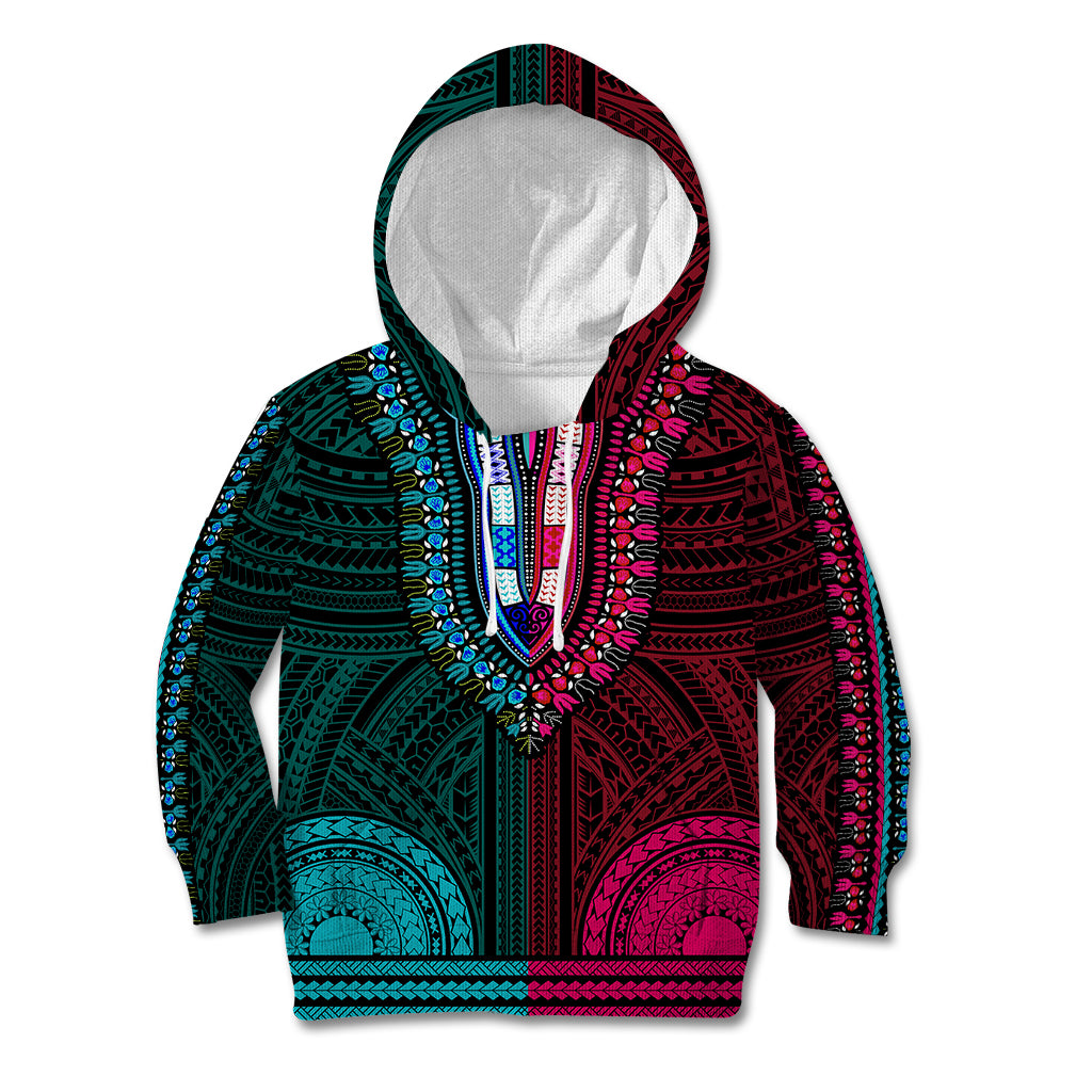 African Dashiki Kid Hoodie With Polynesian Pattern - Half Teal and Pink - Wonder Print Shop