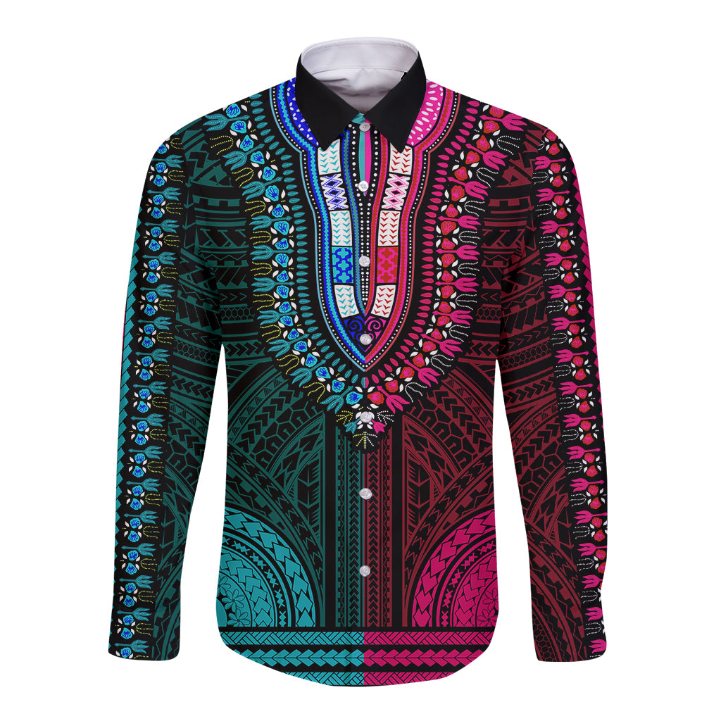 african-dashiki-long-sleeve-button-shirt-with-polynesian-pattern-half-teal-and-pink