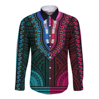 Unisex long-sleeve button dashiki shirt with teal, magenta and tribal pattern front