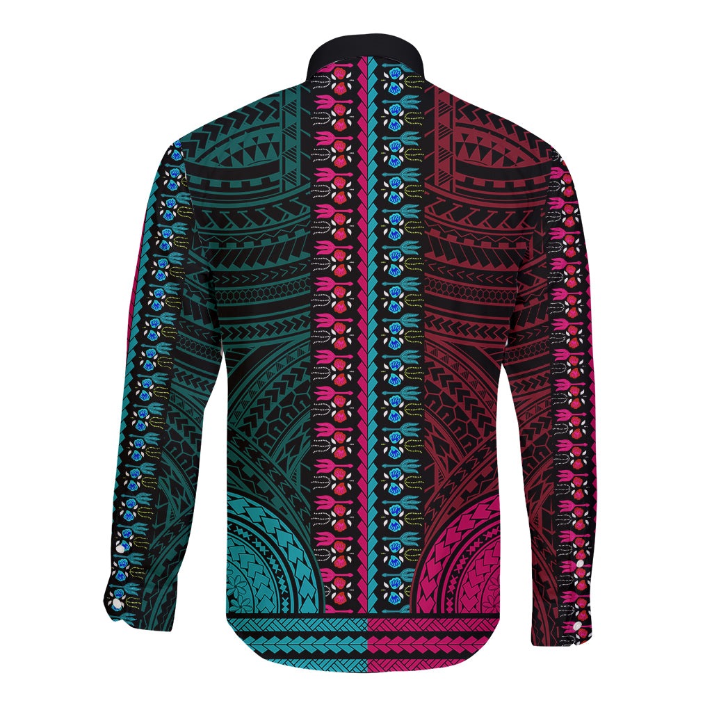 Unisex long-sleeve button dashiki shirt, back view, teal and magenta tribal pattern