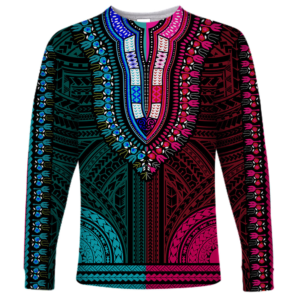 african-dashiki-long-sleeve-shirt-with-polynesian-pattern-half-teal-and-pink