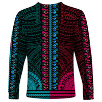 Unisex dashiki long-sleeve shirt, teal sides with central pink stripe and floral trim