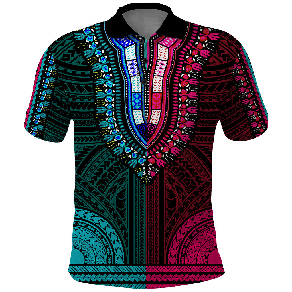 african-dashiki-polo-shirt-with-polynesian-pattern-half-teal-and-pink