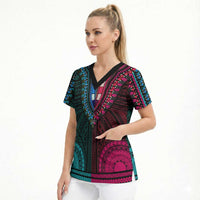 African Dashiki and Polynesian Pattern Scrub Top Half Teal-Pink