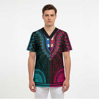 African Dashiki and Polynesian Pattern Scrub Top Half Teal-Pink
