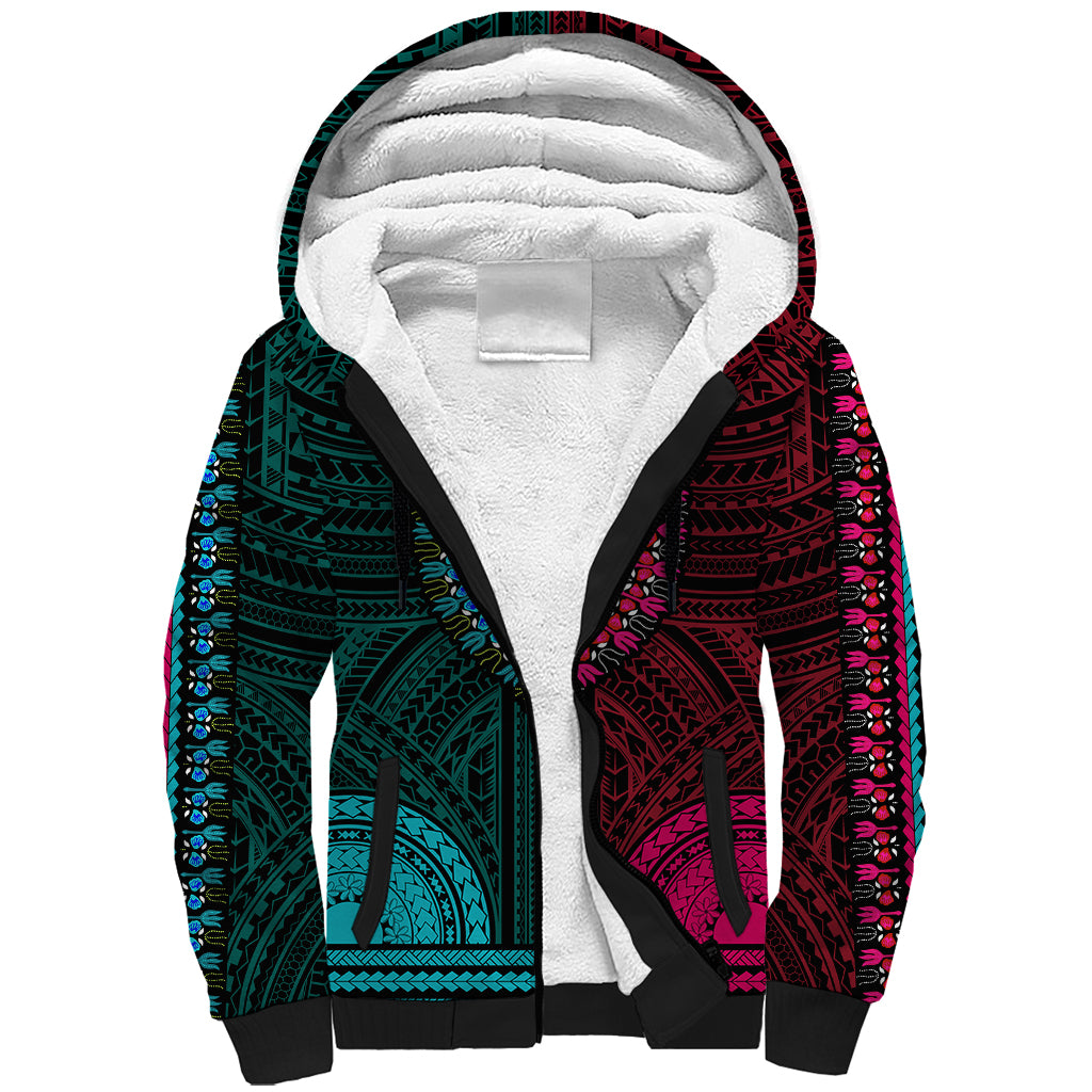 african-dashiki-sherpa-hoodie-with-polynesian-pattern-half-teal-and-pink