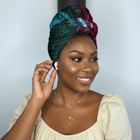 African Dashiki and Polynesian Pattern Simple Headwrap Half Teal-Pink