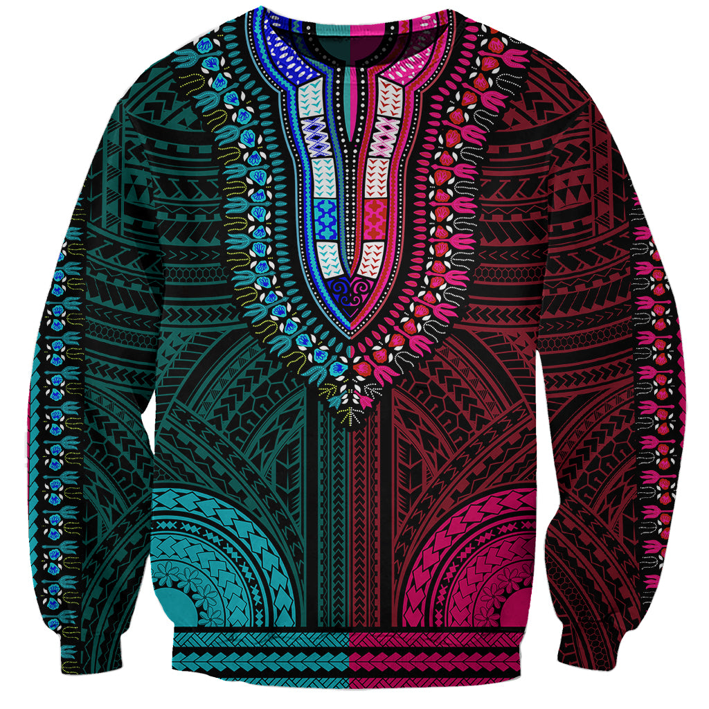 Unisex sweatshirt with teal and pink dashiki-style front V yoke and tribal patterns