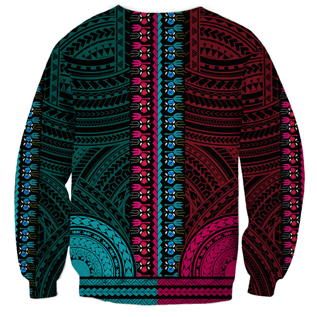 Unisex sweatshirt with teal center stripe, pink side panels, and geometric dashiki print