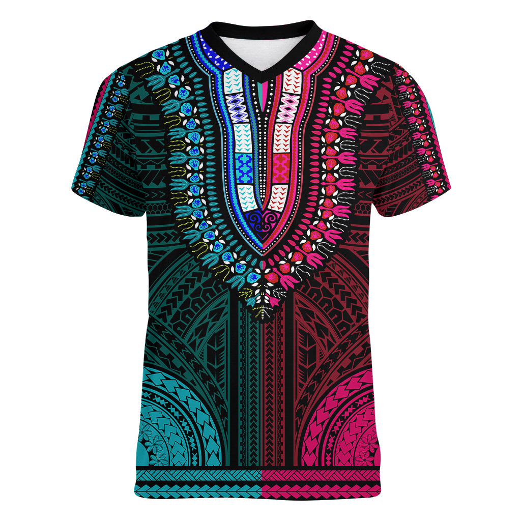 african-dashiki-women-v-neck-t-shirt-with-polynesian-pattern-half-teal-and-pink