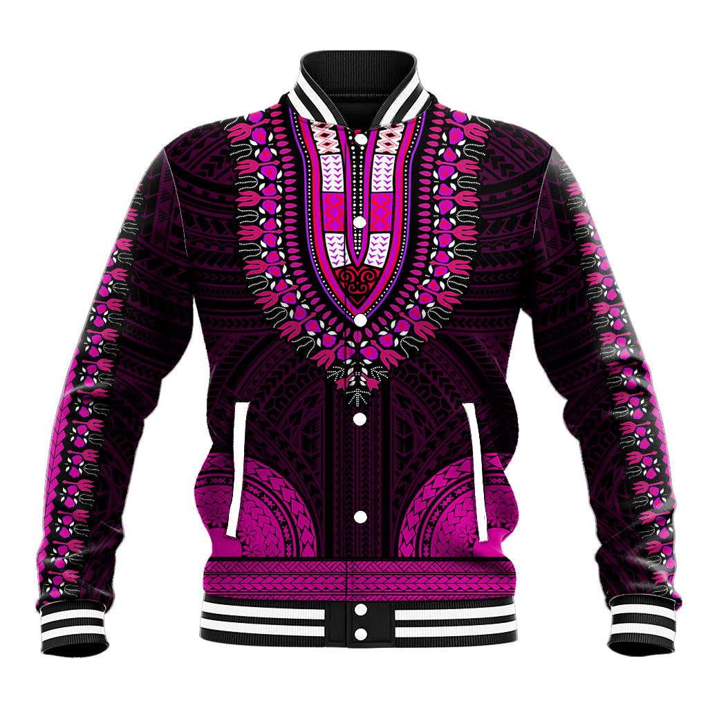 Unisex varsity baseball jacket in dark purple with magenta tribal pattern, snap front