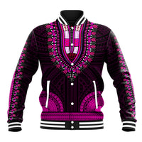Unisex varsity baseball jacket in dark purple with magenta tribal pattern, snap front