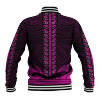 Back view unisex varsity baseball jacket, dark purple with magenta geometric pattern