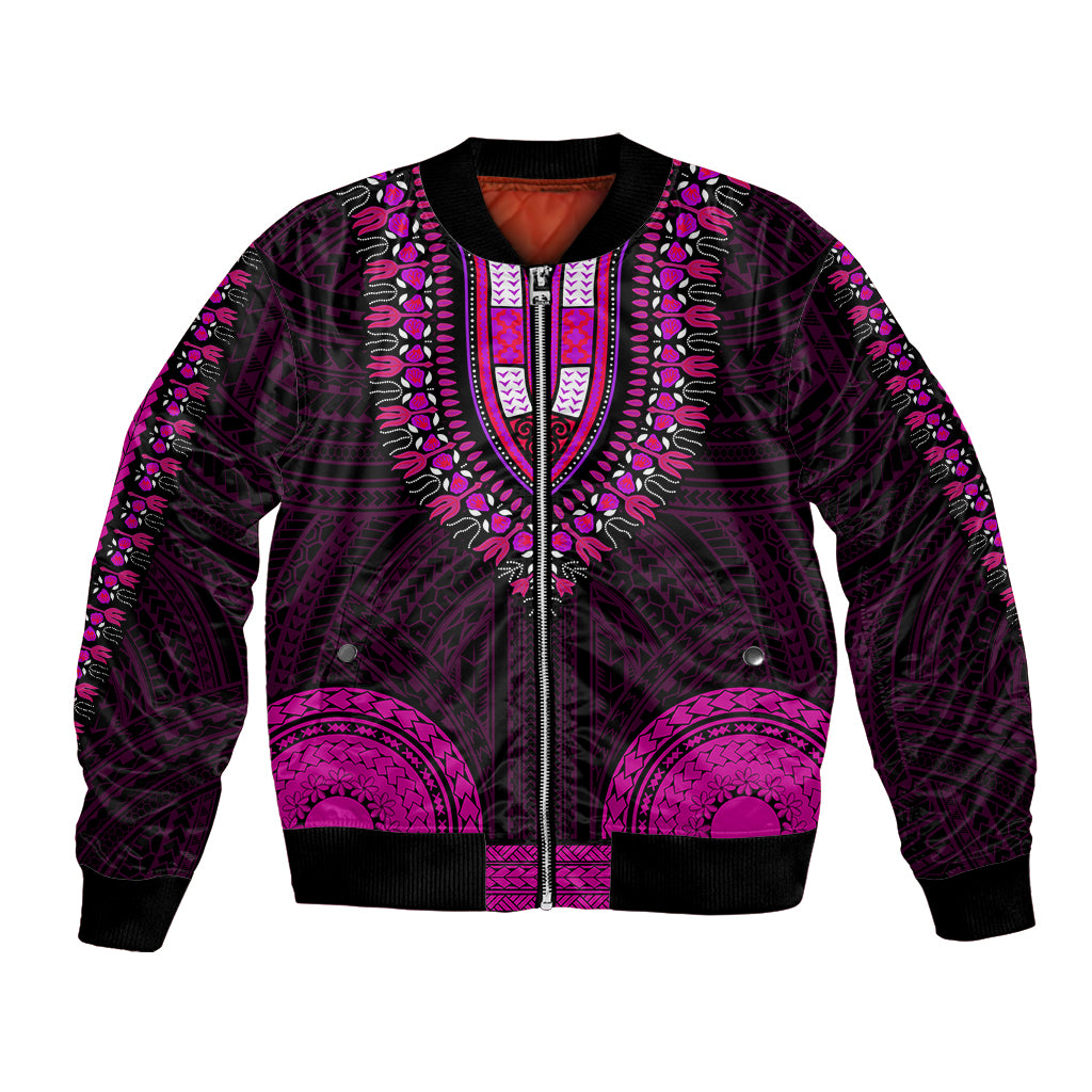 Men's pink and black bomber jacket with central zipper and Polynesian-style patterns