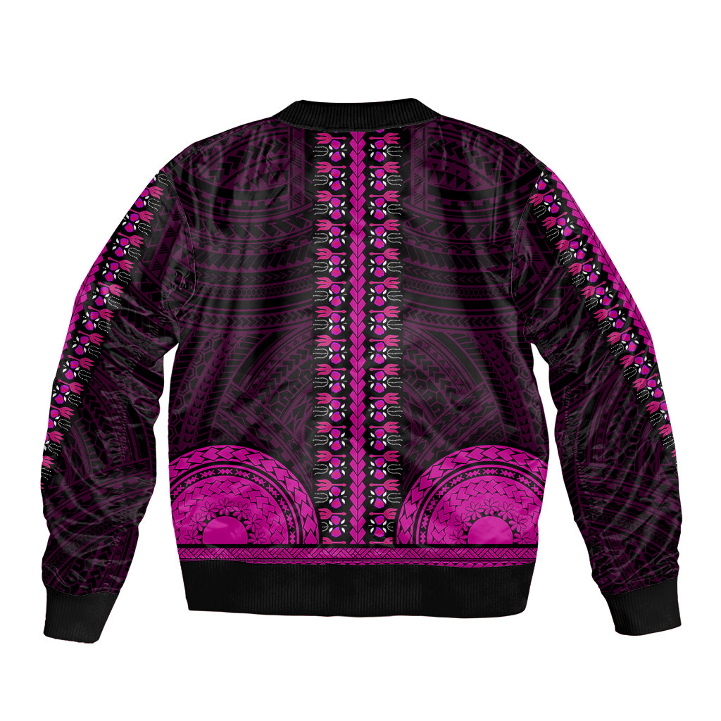 Black bomber jacket with pink Polynesian-style motifs and ribbed collar, cuffs, and hem