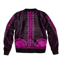 Black bomber jacket with pink Polynesian-style motifs and ribbed collar, cuffs, and hem