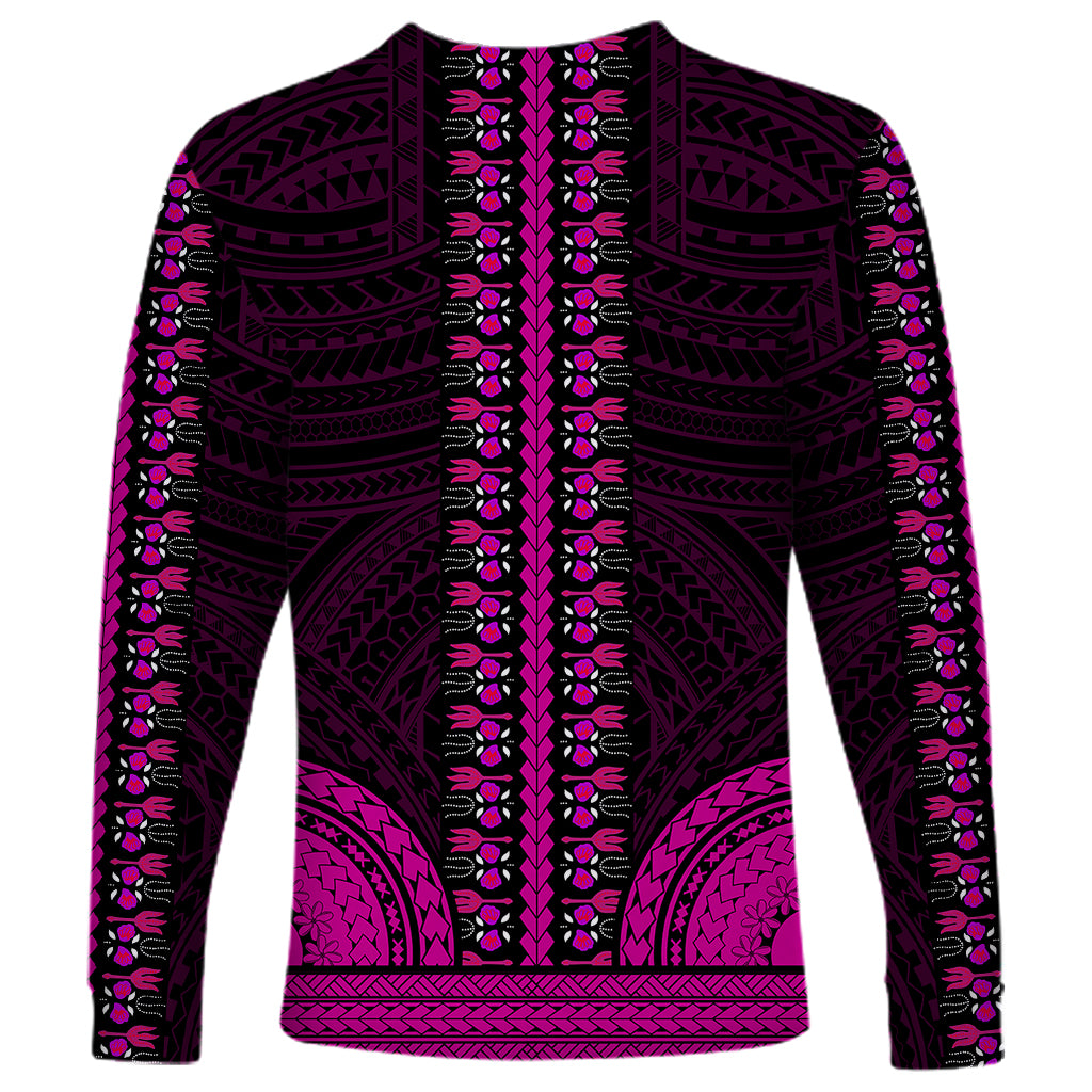 Long sleeve dashiki shirt back with vertical pink ornamental pattern on dark fabric