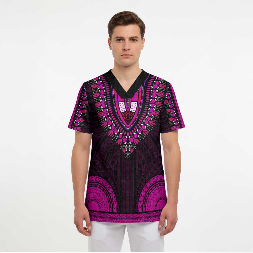 African Dashiki and Polynesian Pattern Scrub Top Pink