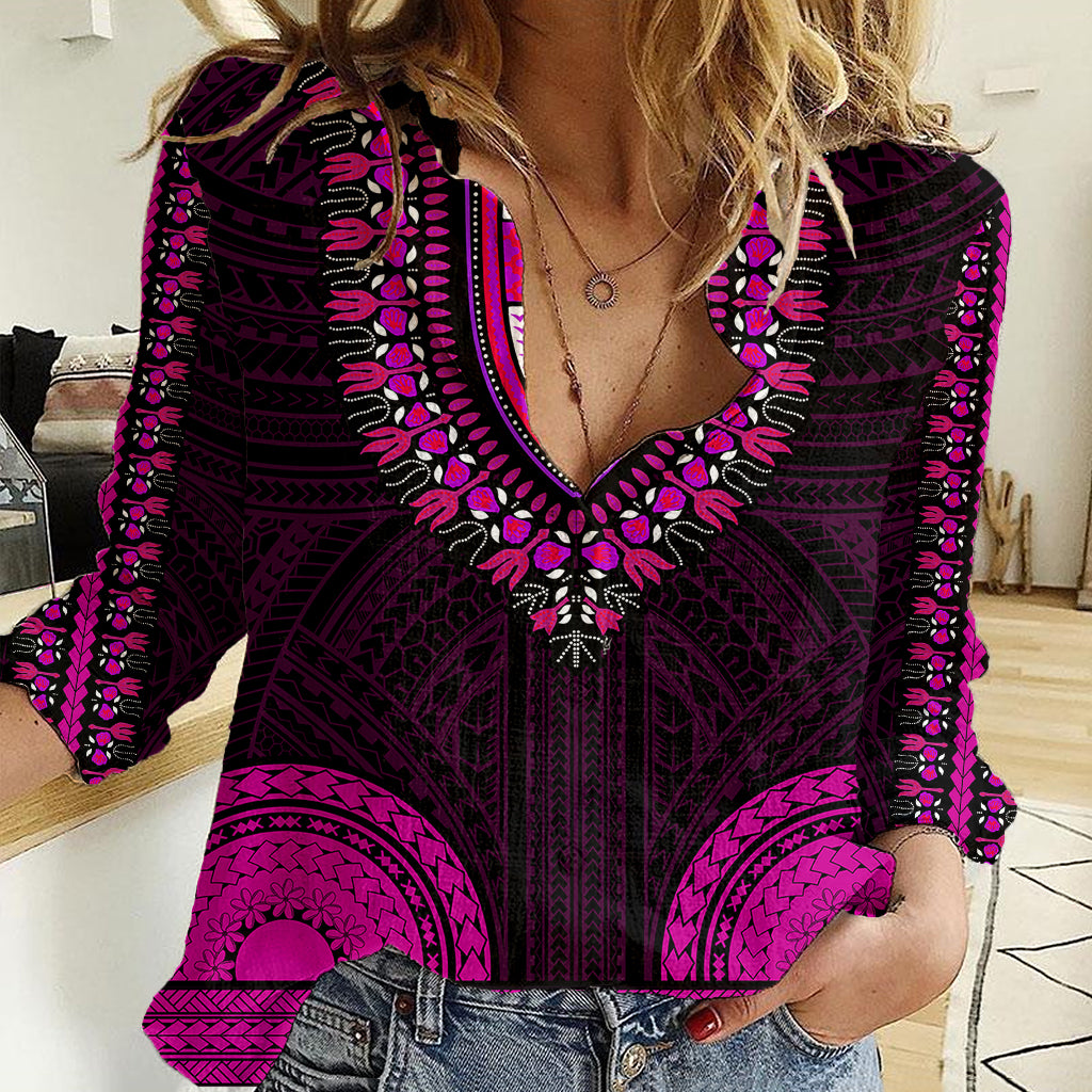 african-dashiki-women-casual-shirt-with-polynesian-pattern-pink