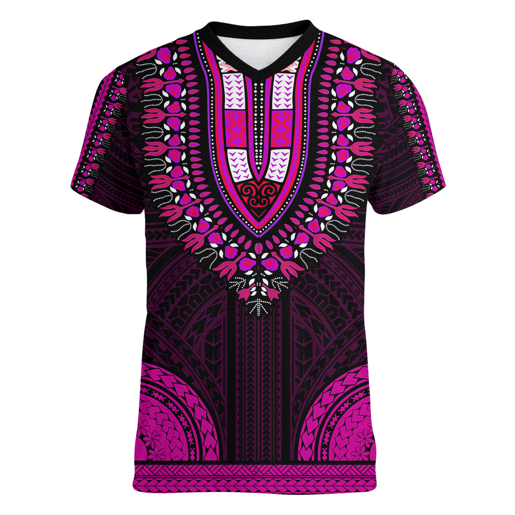 african-dashiki-women-v-neck-t-shirt-with-polynesian-pattern-pink