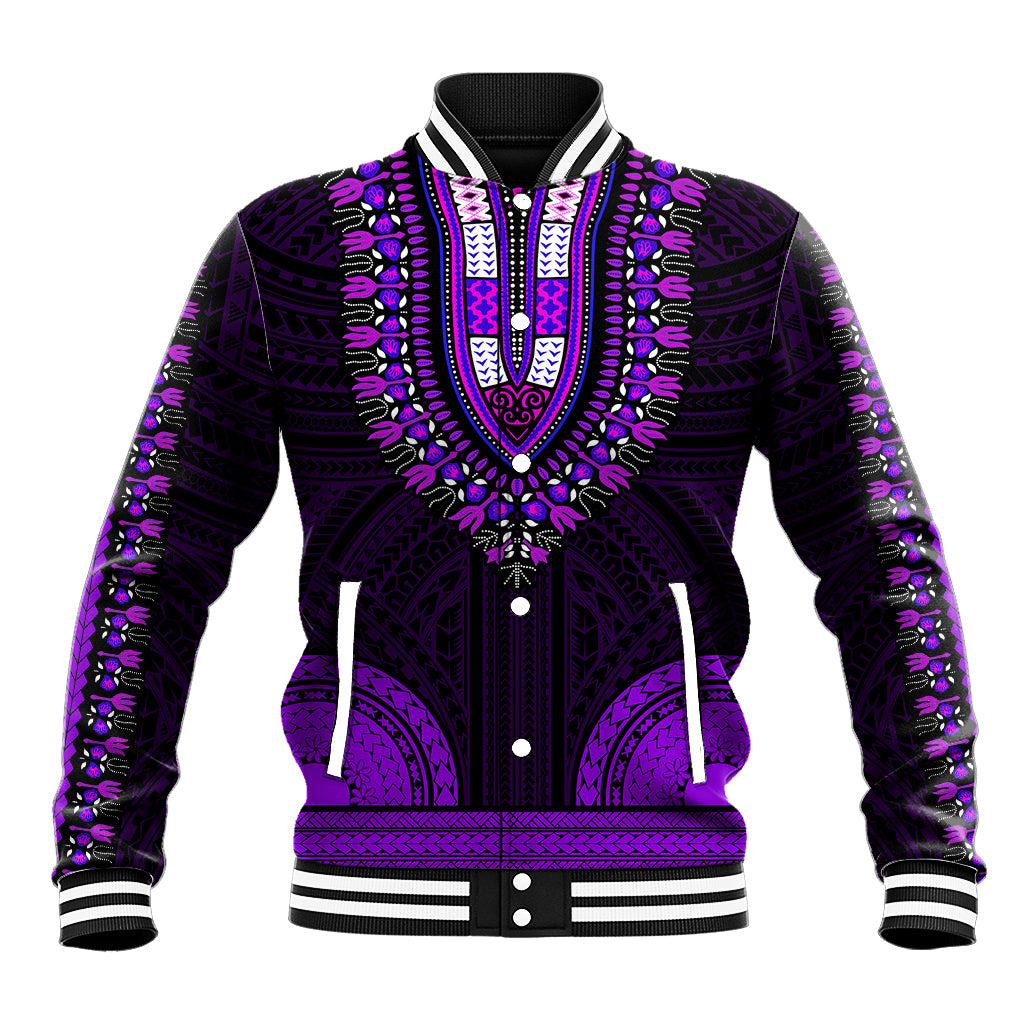 Purple dashiki baseball jacket with ornate vertical front graphic, striped ribbed collar