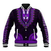 Purple dashiki baseball jacket with ornate vertical front graphic, striped ribbed collar