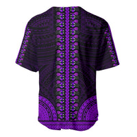 Purple dashiki-style baseball jersey back with vertical tribal pattern and trim