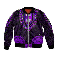 Unisex purple bomber jacket with zip front and bold tribal pattern at sleeves and hem